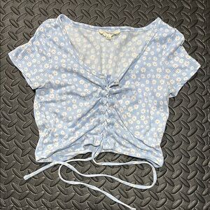 Pink Rose Blue White Crop Tie Front Blouse